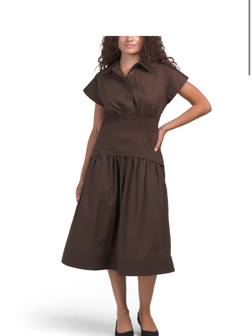 Magaschoni Brown Collared Midi Dress with Shirred Waist